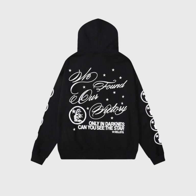 Back view of the black Hellstar Victory Capsule 6 hoodie with white graphic print and star details on the back.