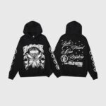 Front and back view of the black Hellstar Victory Capsule 6 Hoodie with white graphic screen prints and branding.