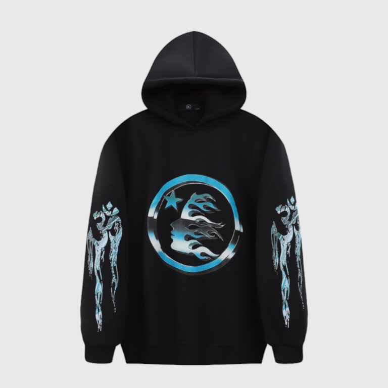Hellstar Victory Capsule 6 Hoodie in black featuring premium fleece fabric and bold blue graphic screen print designs.