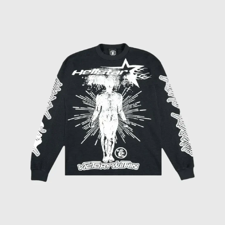 Front view of the black Hellstar Victory Within thermal longsleeve featuring a white graphic print