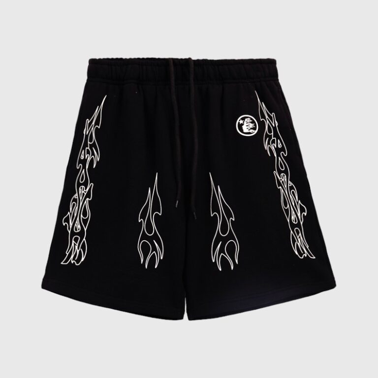 Hellstar Vintage black fleece shorts featuring a white distressed graphic print and an adjustable drawstring waistband.
