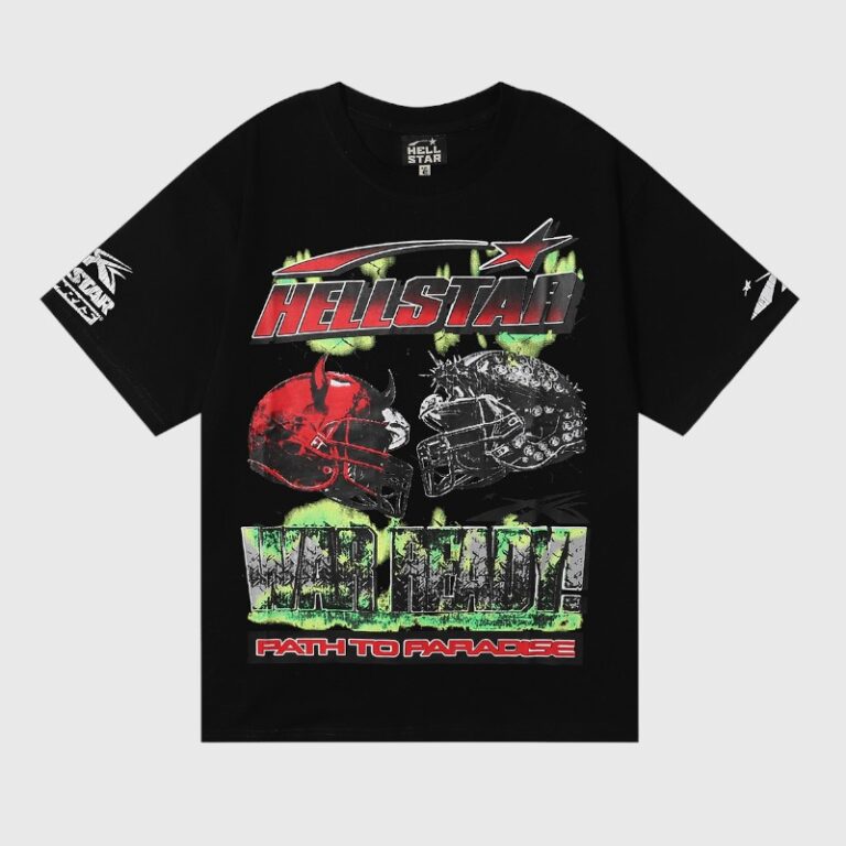 Hellstar War Ready black unisex tee, 100% cotton, vintage-washed screen print featuring helmets and "Path to Paradise"