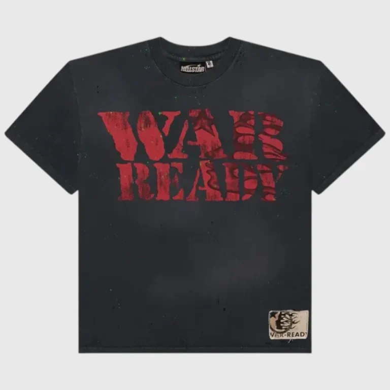 Hellstar War Ready T-Shirt in black with bold red text graphics on the front and a custom brand logo patch detail.