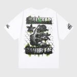 Hellstar War Ready! white unisex cotton T-shirt back graphic with clawed fist, chainlink pattern and neon green accents
