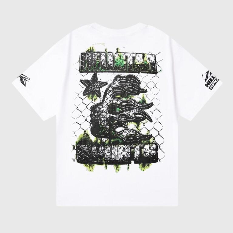 Hellstar War Ready! white unisex cotton T-shirt back graphic with clawed fist, chainlink pattern and neon green accents