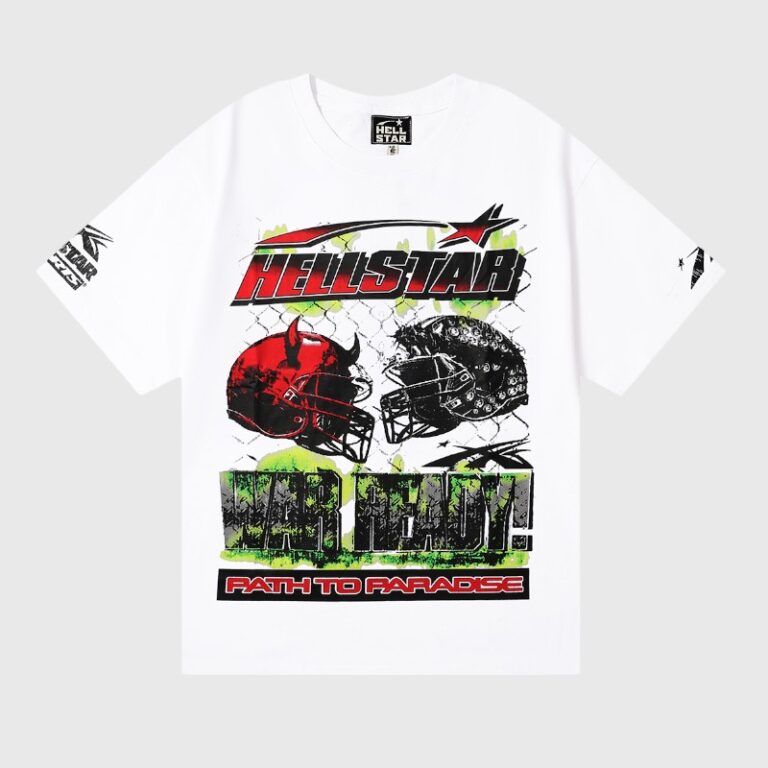 Hellstar War Ready white graphic t-shirt featuring red and black helmets, Hellstar logo and "Path to Paradise" text.