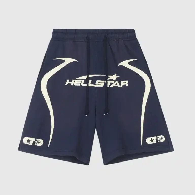 Hellstar Warm Up blue streetwear shorts with graphic screen print, elastic drawstring waist, and vintage washed finish.