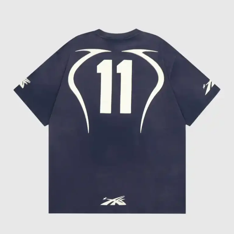 Back view of the blue Hellstar Warm Up T-shirt featuring a large white graphic print with number eleven design.
