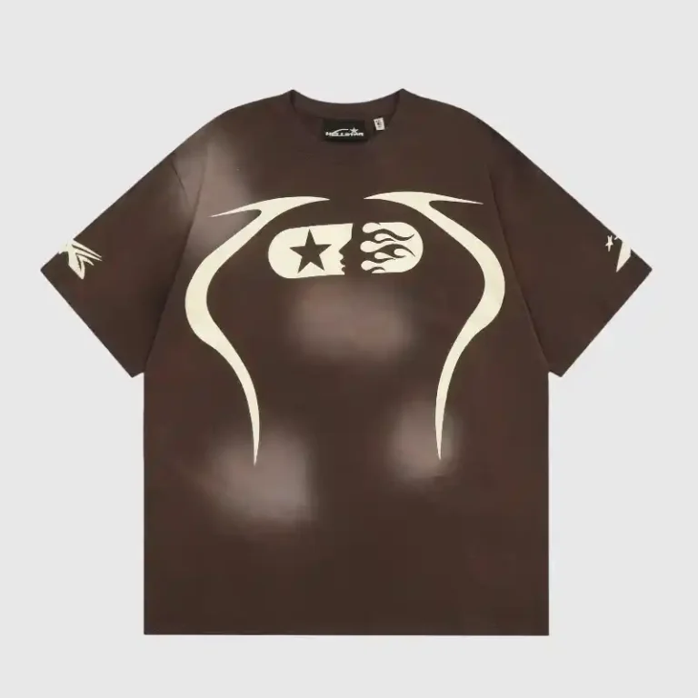 Hellstar Warm Up Brown T-Shirt with a unique graphic screen print, crafted from vintage washed 100% cotton in Los Angeles.