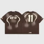 Brown Hellstar Warm Up T-shirt showing both front and back views with vintage washed fabric and screen print design.