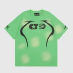 Hellstar Warm Up T-Shirt in green, featuring a unique vintage washed effect and a black graphic screen print design.