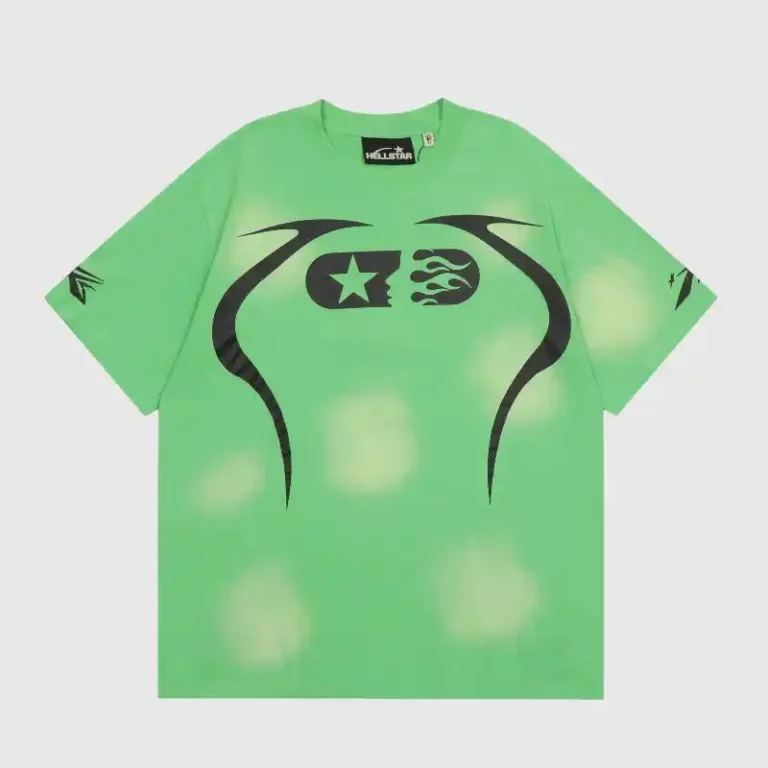 Hellstar Warm Up T-Shirt in green, featuring a unique vintage washed effect and a black graphic screen print design.