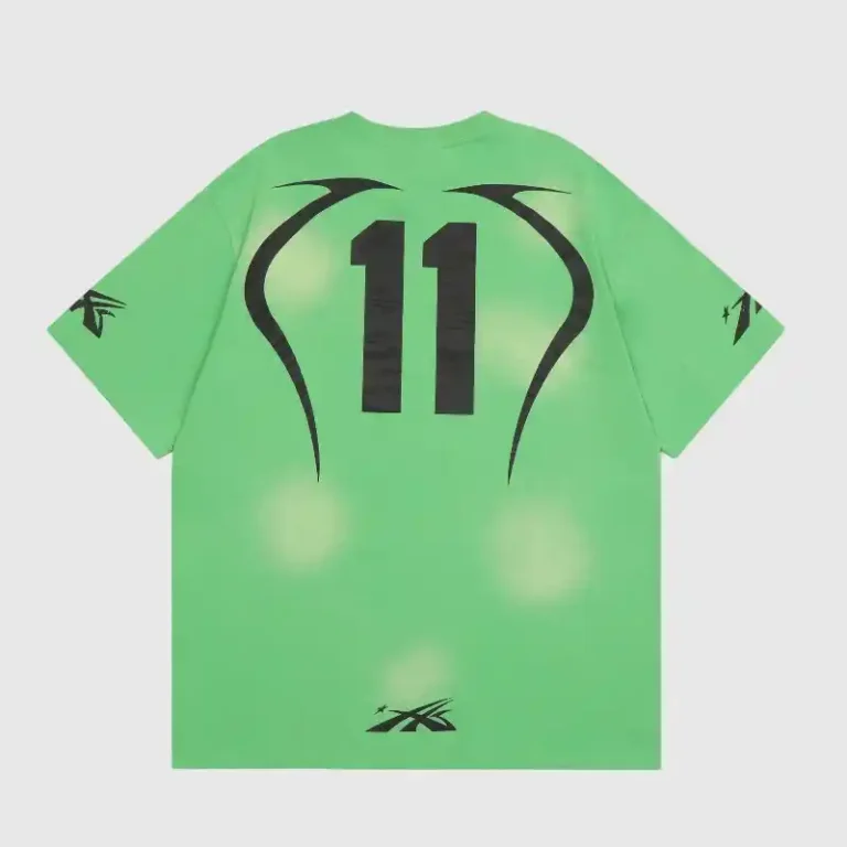 Back view of the Hellstar Warm Up T-Shirt in green, featuring a bold black graphic print with the number 11 design.