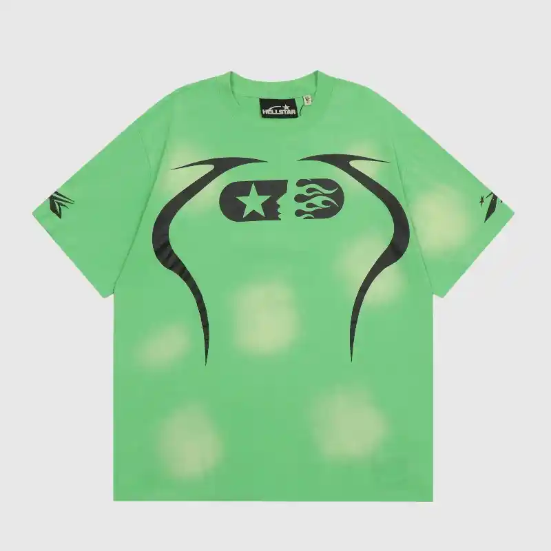 Hellstar Warm Up Green T Shirt Hellstar Warm Up T-Shirt in green, featuring a unique vintage washed effect and a black graphic screen print design.