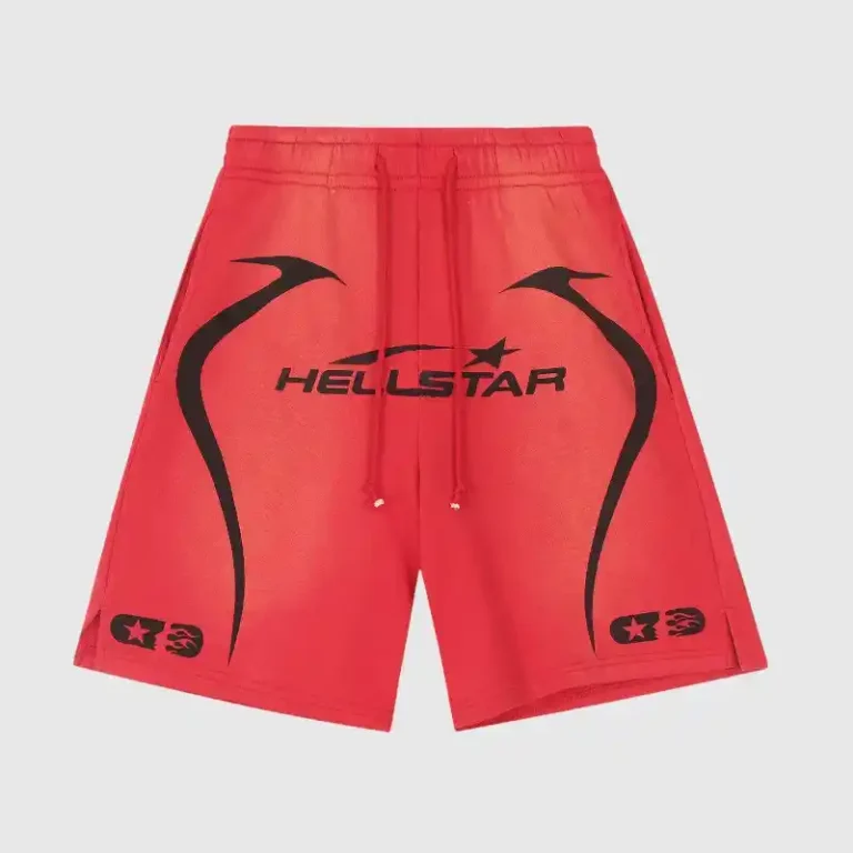 Hellstar Warm Up Shorts in vibrant red featuring bold black graphic screen-printed details and adjustable drawstrings.