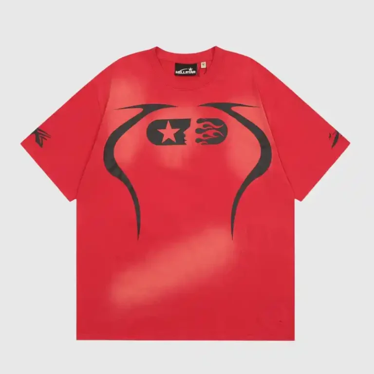 Hellstar Warm Up T-Shirt in red featuring a vintage washed finish, black screen-printed graphic design, and 100% cotton.