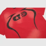 Close-up of the Hellstar Warm Up red graphic t-shirt featuring a unique vintage wash and black screen-printed design.
