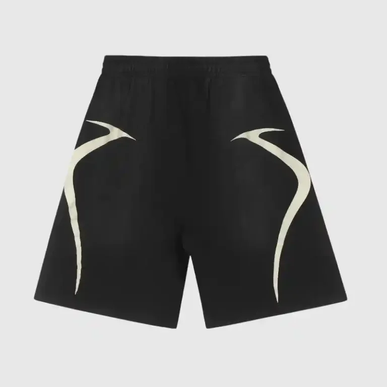 Black Hellstar Warm Up shorts featuring a signature white abstract curved graphic design on each side and elastic waistband.