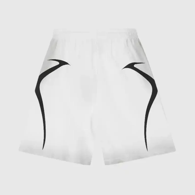 Hellstar Warm Up Shorts in White featuring a comfortable athletic cut with bold black graphic designs and drawstring.