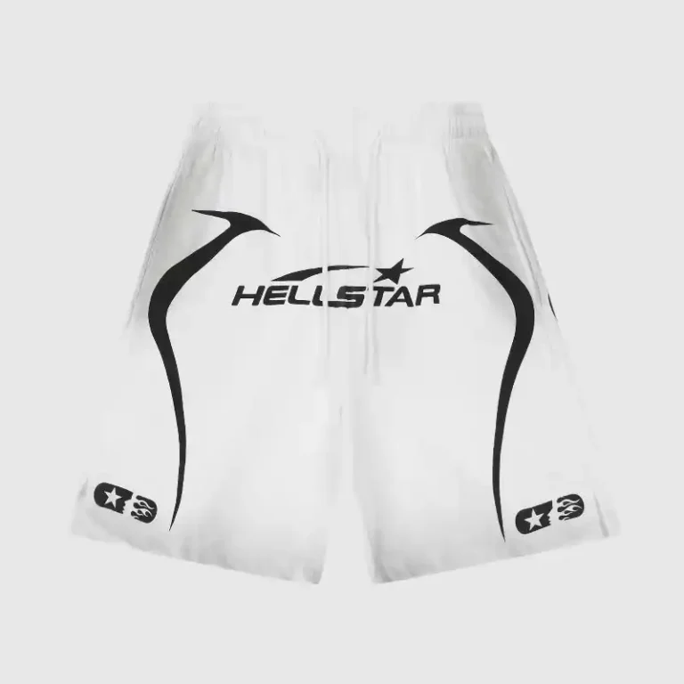 Hellstar Warm Up shorts in white featuring bold graphic prints and a comfortable athletic design for streetwear style.