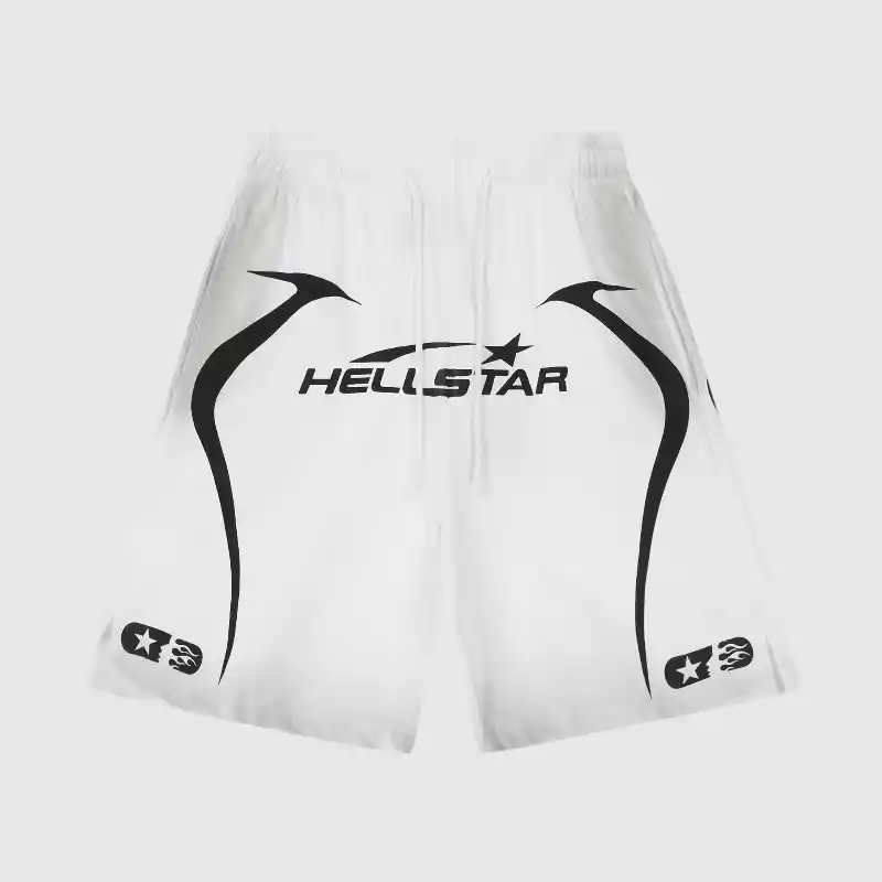 Hellstar Warm Up Shorts White Hellstar Warm Up shorts in white featuring bold graphic prints and a comfortable athletic design for streetwear style.