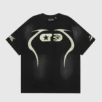 Hellstar Warm Up T-Shirt in black featuring a vintage-washed 100% cotton fabric with unique flame and star graphic print.