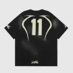 Hellstar Warm Up T-Shirt in black with vintage washed effect, graphic screen print, and number 11 design on the back.