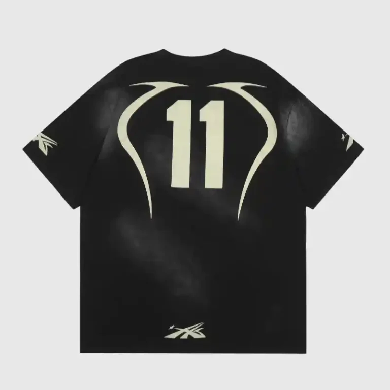 Hellstar Warm Up T-Shirt in black with vintage washed effect, graphic screen print, and number 11 design on the back.