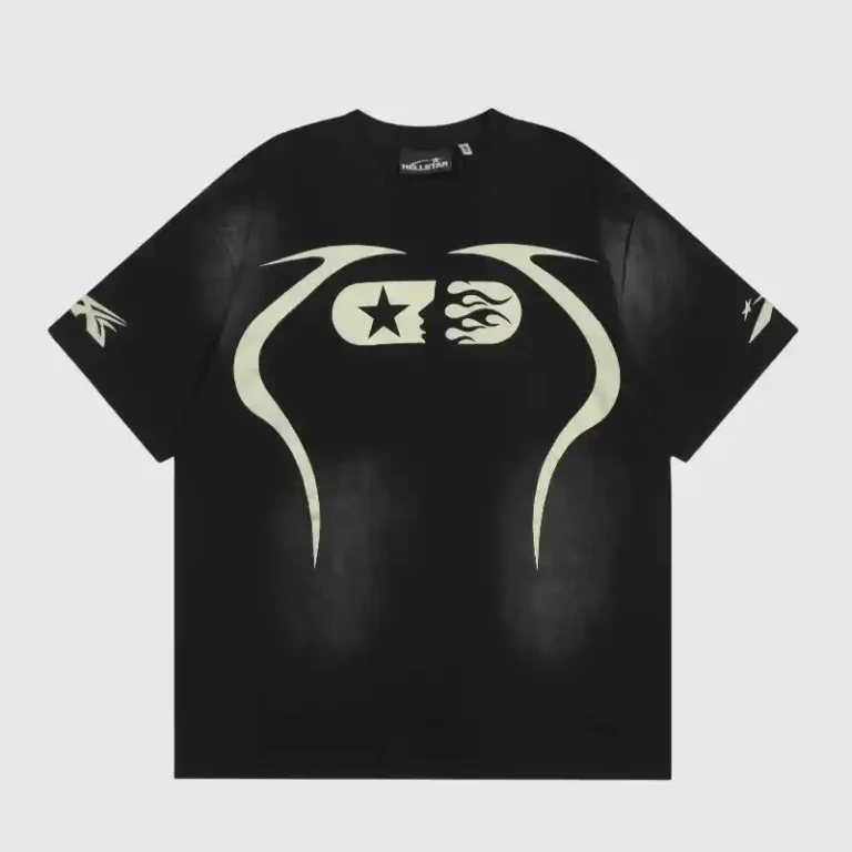 Hellstar Warm Up T-Shirt in black featuring a vintage-washed 100% cotton fabric with unique flame and star graphic print.