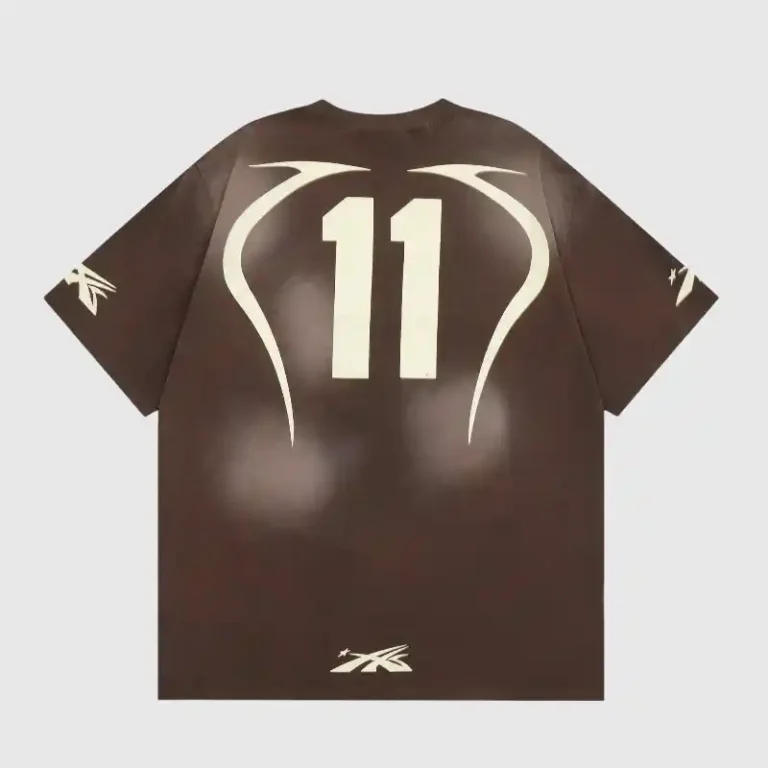 Hellstar brown warm-up t-shirt back view with cream number 11 and curved tribal-style graphic, 100% cotton vintage wash