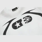 Hellstar Warm Up T-Shirt in white featuring a signature black graphic print with a star and flame design on the front.