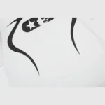 Close-up view of the black graphic screen print design featured on the white Hellstar Warm Up T-shirt for men and women.