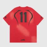 Hellstar Warm Up Red T-Shirt with black number 11 graphic print featuring a vintage washed unisex 100% cotton design.