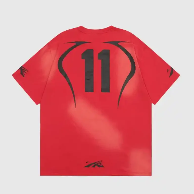 Hellstar Warm Up Red T-Shirt with black number 11 graphic print featuring a vintage washed unisex 100% cotton design.
