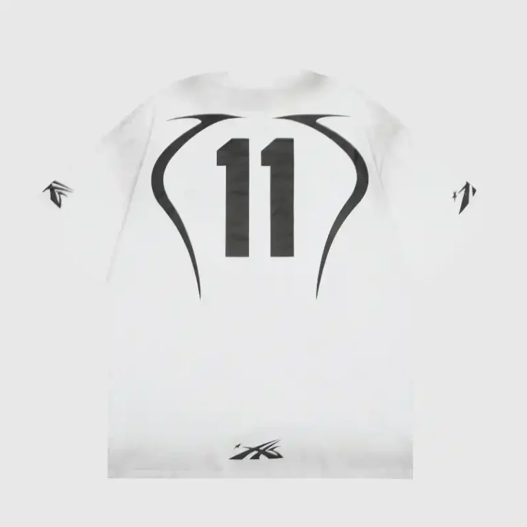 White Hellstar Warm Up T-shirt showing the vintage washed back graphic with the number 11 and bold black accents.