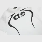 Hellstar Warm Up white T-shirt featuring a bold black graphic print of a stylized pill with a star and flame design.