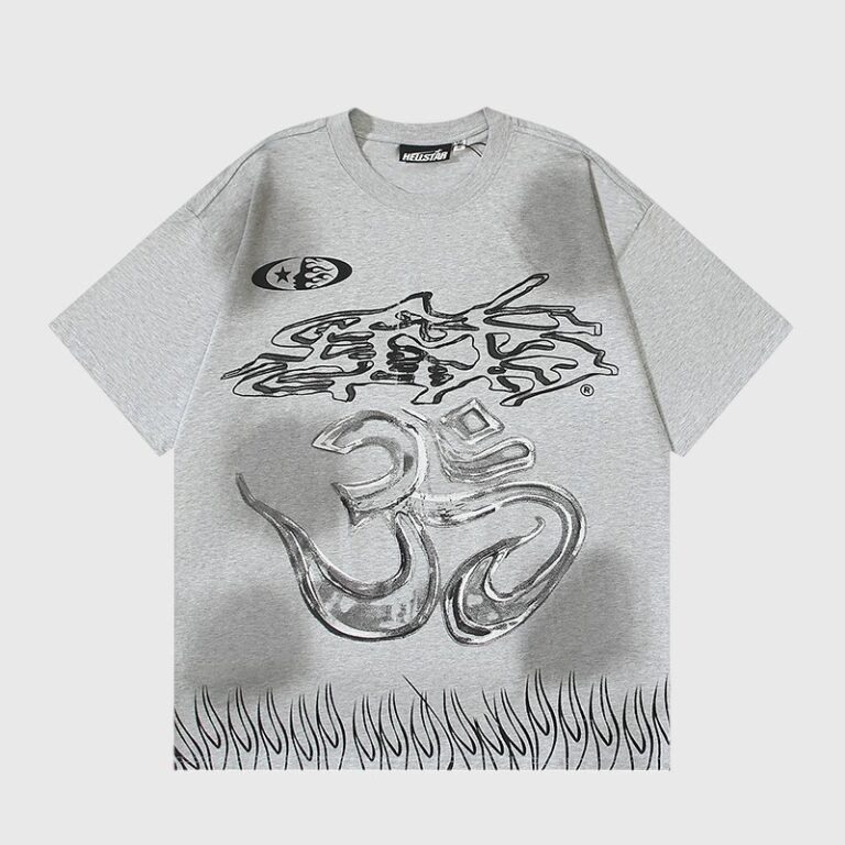 Hellstar Wash Stain Printing T-shirt in grey featuring a cosmic graphic, abstract om symbol, and vintage distressed aesthetic