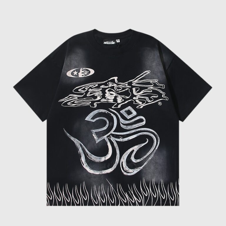 Hellstar Wash Stain Printing T-shirt with abstract cosmic graphic and Om symbol in vintage black cotton streetwear.