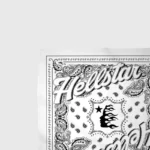 Hellstar white bandana showing large Hellstar logo, paisley border and central flame-face graphic on cotton square