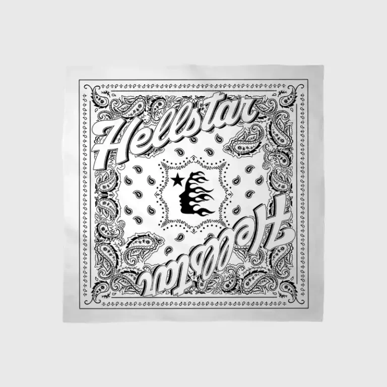 This premium white Hellstar bandana features a classic paisley print and the signature Hellstar brand logo graphic.