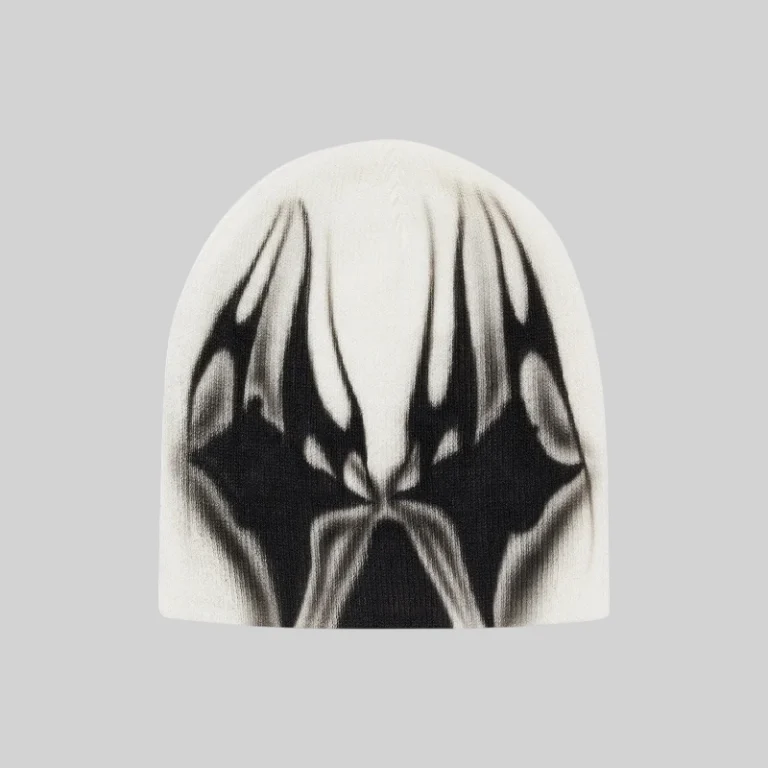 A crisp white Hellstar beanie featuring a bold black graphic design for a stylish and cozy urban streetwear look.