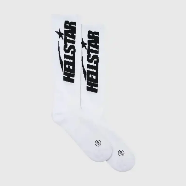 A pair of white Hellstar Classic Crew Socks featuring black branding and a comfortable ribbed cotton construction.
