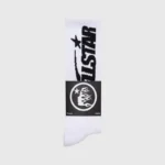 Hellstar White Classic Socks featuring signature branding in a premium ribbed cotton blend for streetwear comfort.