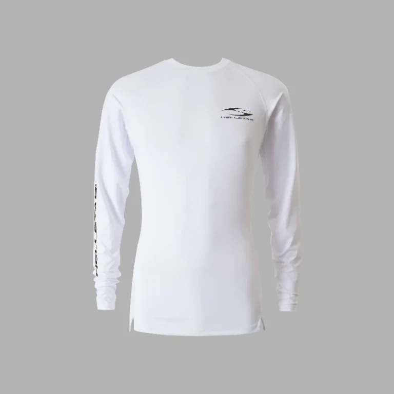 A white Hellstar compression longsleeve shirt with black branding on the chest and sleeve against a grey background.