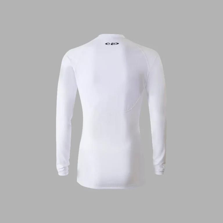 Back view of a white Hellstar compression longsleeve athletic shirt with logo detail shown against a plain grey background.