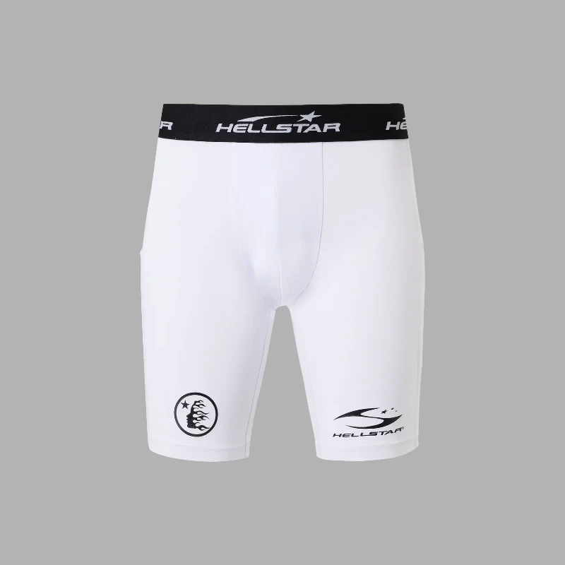 Hellstar White Compression Shorts White Hellstar compression shorts featuring a branded black waistband and logo graphics on a clean white fabric base.