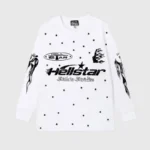 White long sleeve Hellstar Faith To Paradise t-shirt featuring black star graphics and flames on the sleeves.