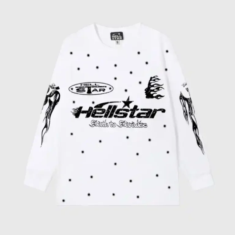 White long sleeve Hellstar Faith To Paradise t-shirt featuring black star graphics and flames on the sleeves.