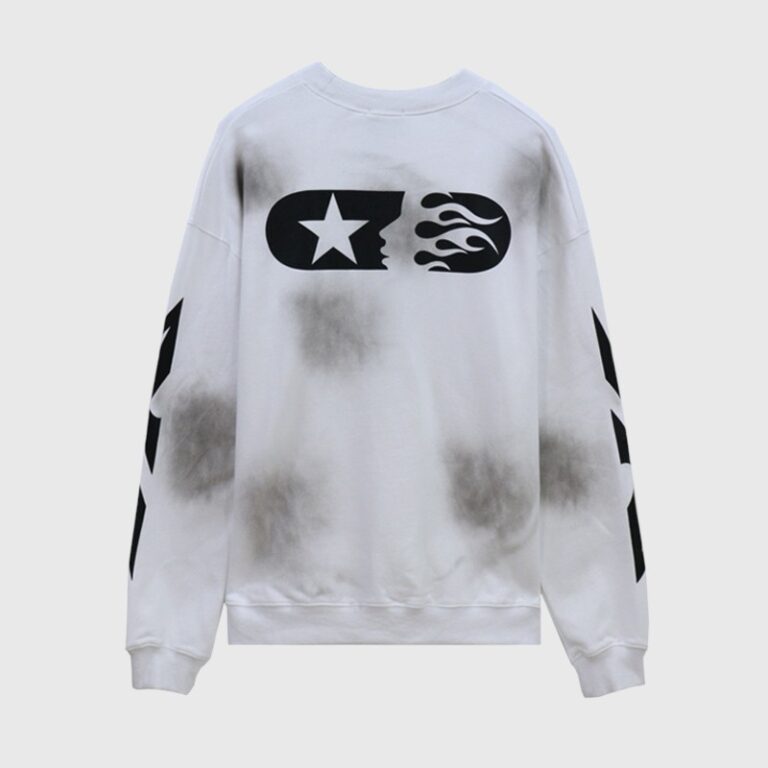 Hellstar Sports white sweatshirt featuring a black graphic of a star and flames on the front, isolated on a light background.