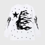 White long sleeve shirt featuring a distressed black flame face graphic and star patterns on a plain white background
